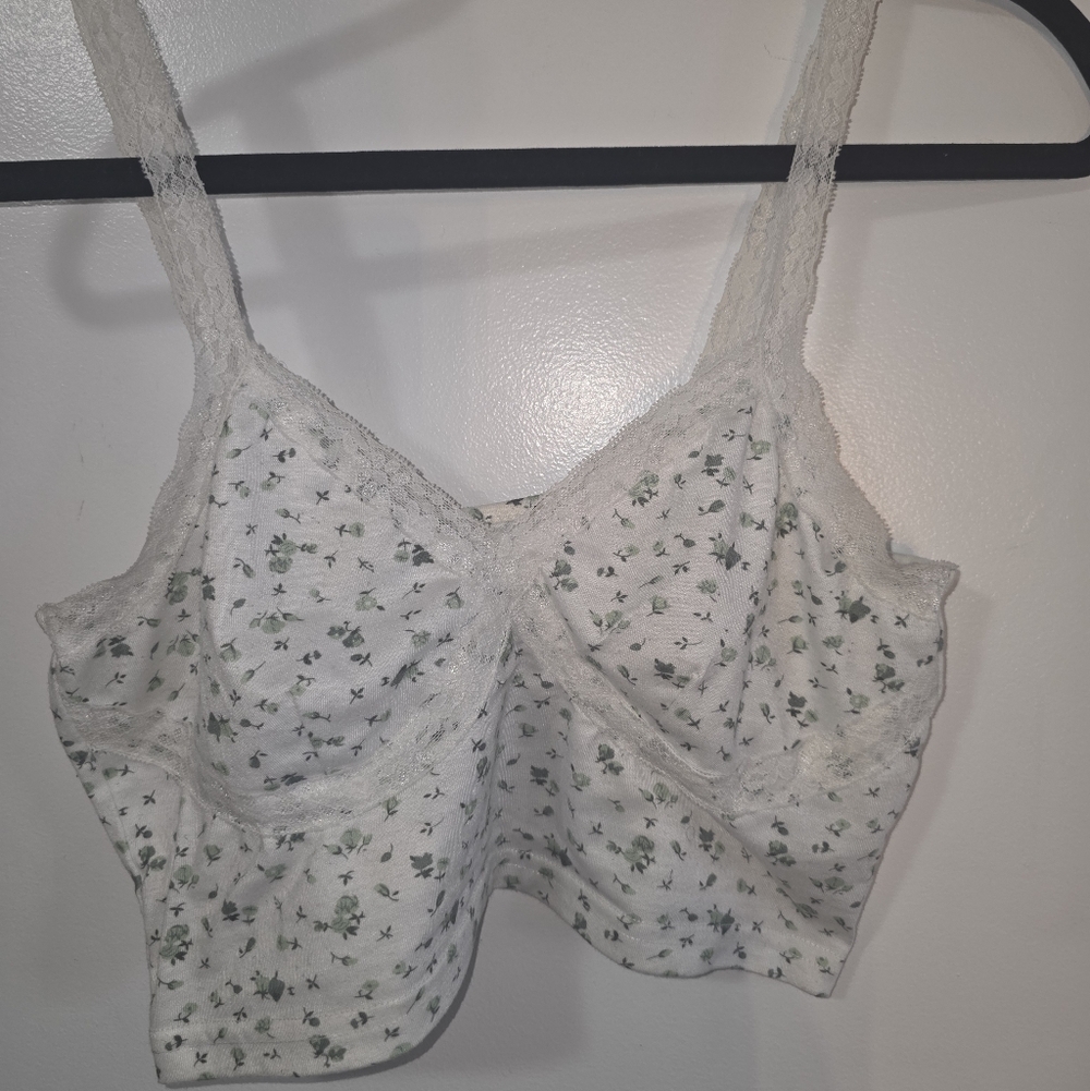 White Floral Lace-Trim Bralette / Crop Top - Green Print
